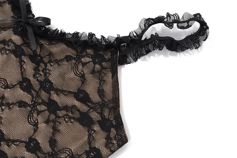 V neck lace hem ruffle mesh cami maxi dress