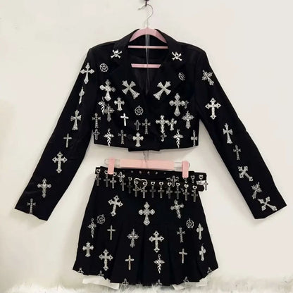 Long sleeve cross applique belt mini skirt set