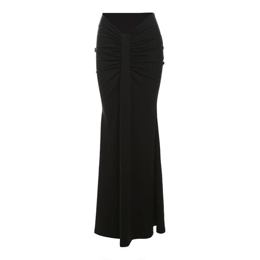 Ruched solid ruffle maxi skirt