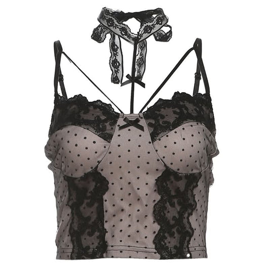 Halter lace bowknot polka dot cami top