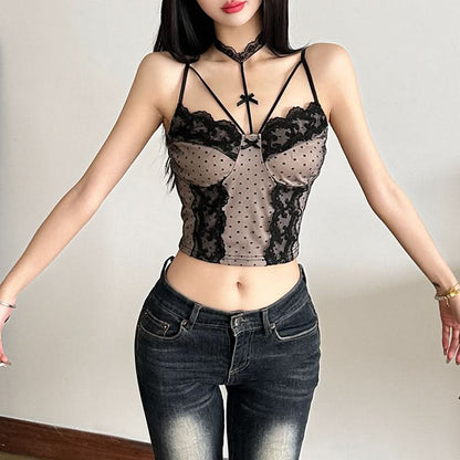 Halter lace bowknot polka dot cami top