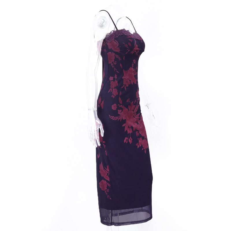 Flower print mesh self tie slit cami maxi dress