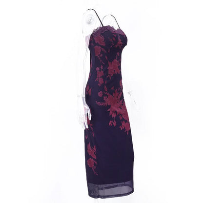 Flower print mesh self tie slit cami maxi dress