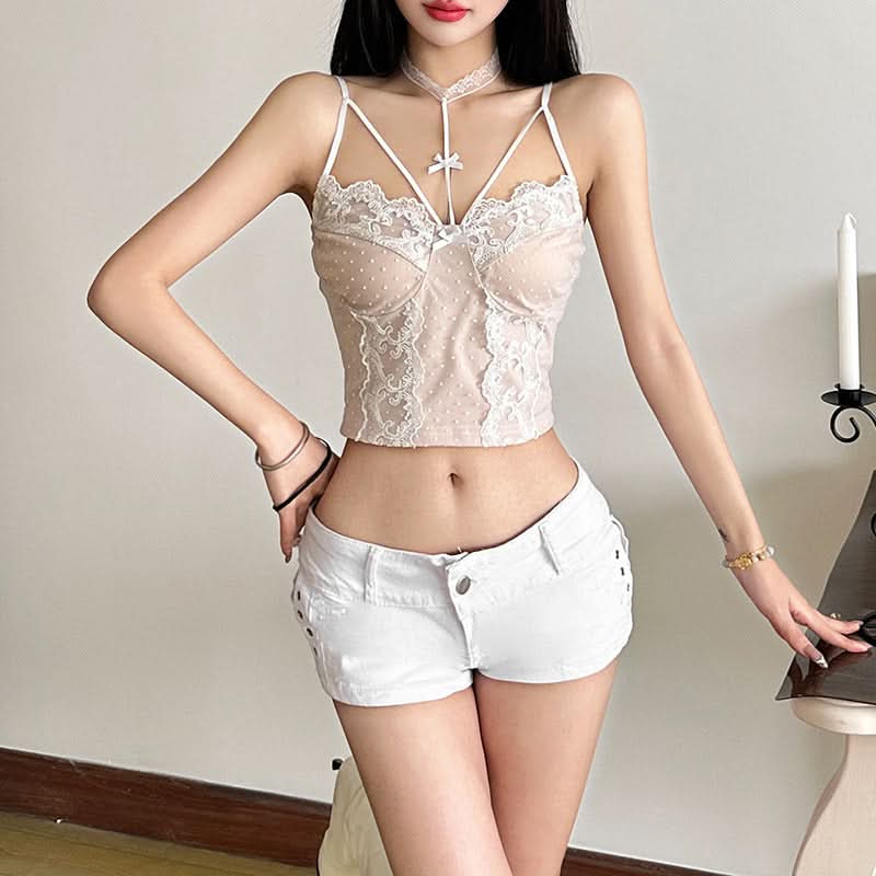 Halter lace bowknot polka dot cami top