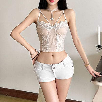 Halter lace bowknot polka dot cami top