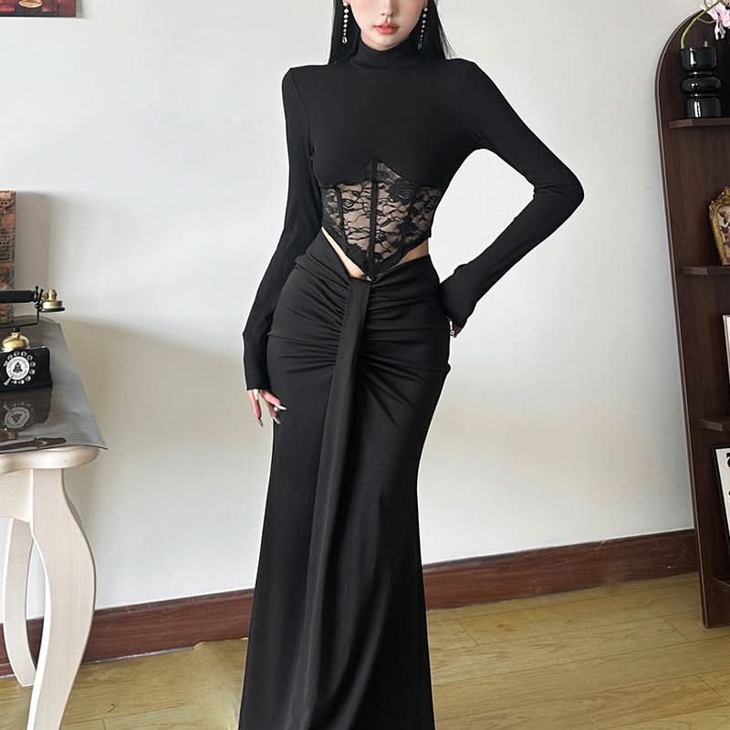 High neck long sleeve lace top
