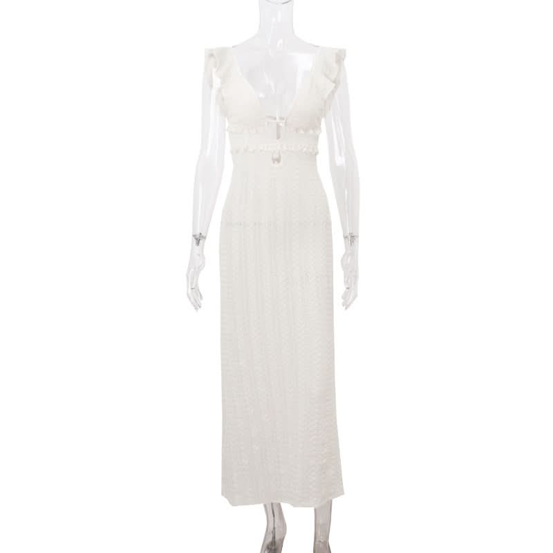 V neck hollow out self tie ruffle cut out maxi dress