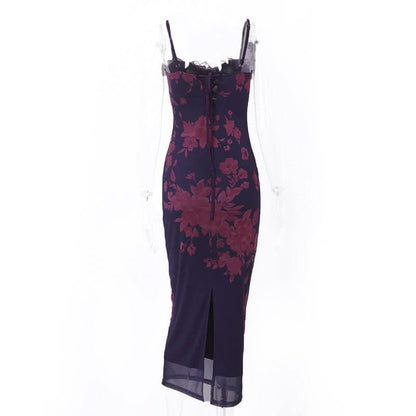 Flower print mesh self tie slit cami maxi dress