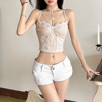 Halter lace bowknot polka dot cami top