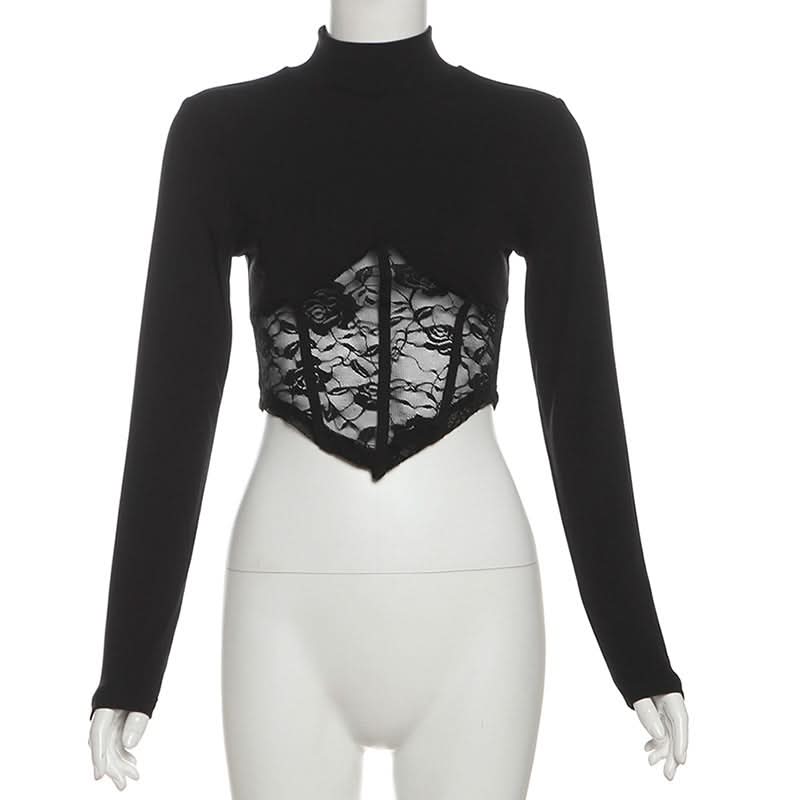 High neck long sleeve lace top