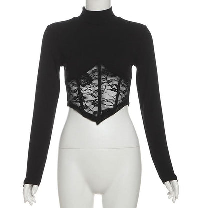 High neck long sleeve lace top