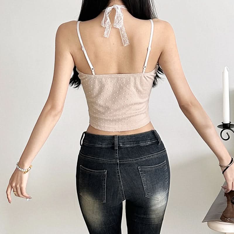 Halter lace bowknot polka dot cami top