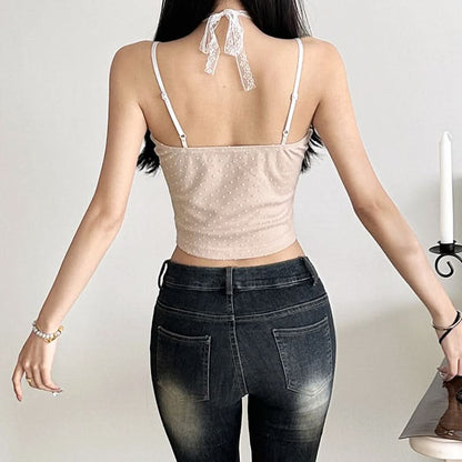 Halter lace bowknot polka dot cami top