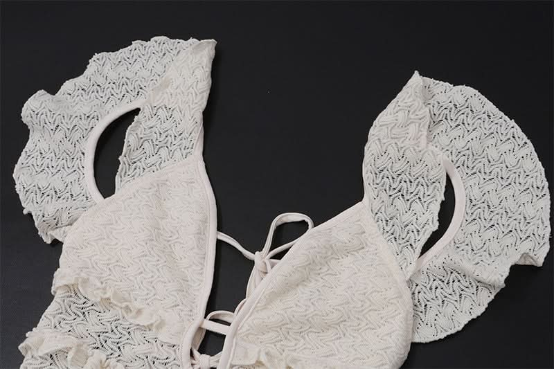 V neck hollow out self tie ruffle cut out maxi dress