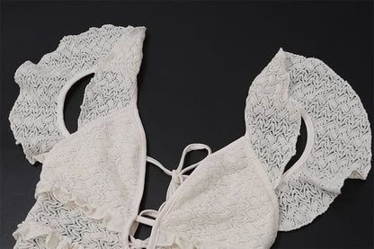 V neck hollow out self tie ruffle cut out maxi dress