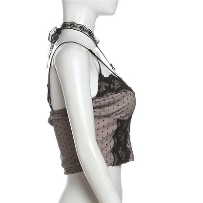 Halter lace bowknot polka dot cami top