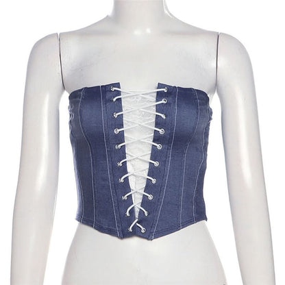 Lace up denim lace hem tube top