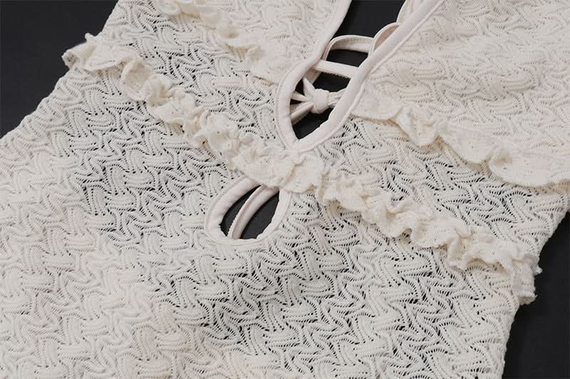 V neck hollow out self tie ruffle cut out maxi dress