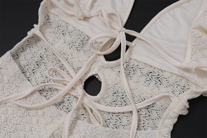 V neck hollow out self tie ruffle cut out maxi dress