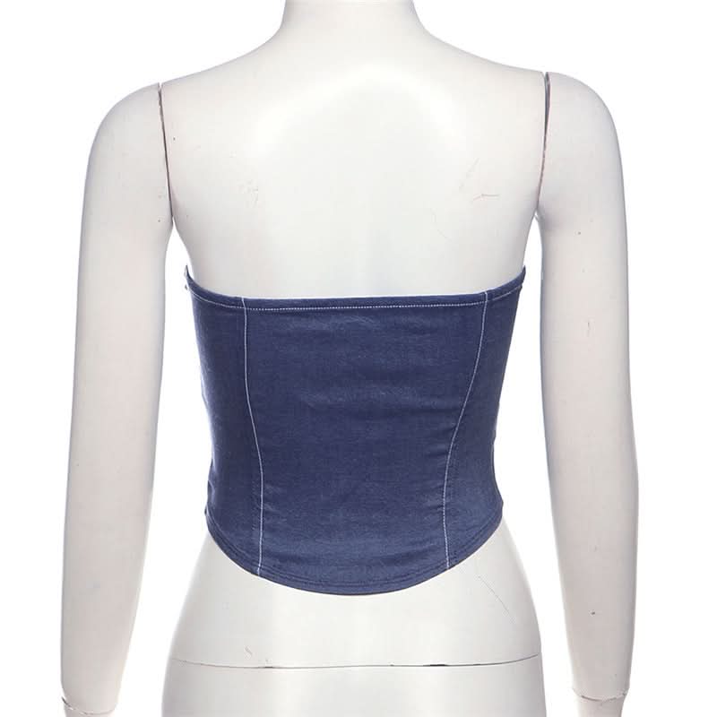 Lace up denim lace hem tube top