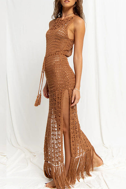 Sexy Draw String Slit Tassel Swimwears Cover Up
