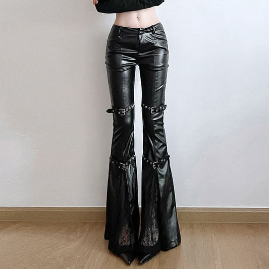PU leather buckle low rise pant