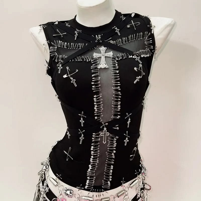 Crewneck sleeveless cross applique top