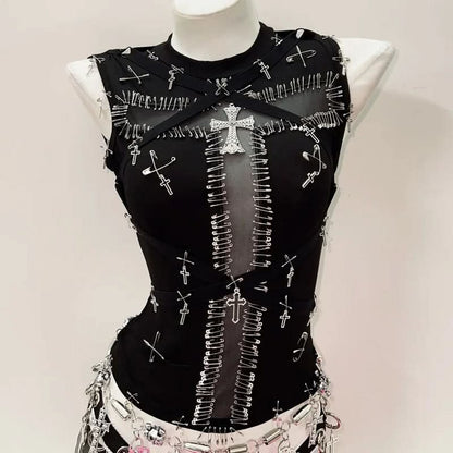 Crewneck sleeveless cross applique top