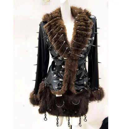 2 piece long sleeve fluffy o ring PU leather mini skirt set