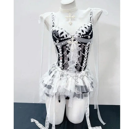 Sweetheart neck beaded lace hem ruffle cami top