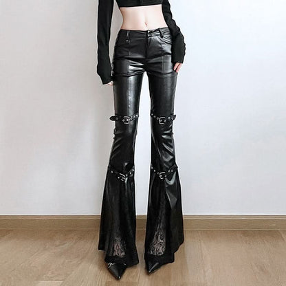 PU leather buckle low rise pant