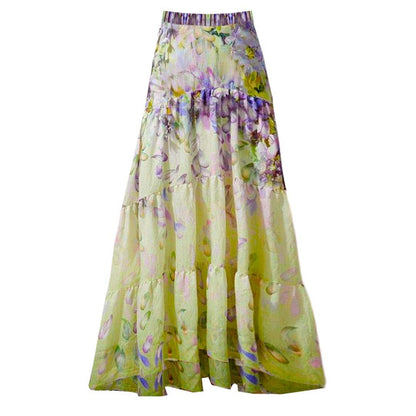 V neck flower print ruffle cami maxi skirt set
