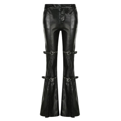 PU leather buckle low rise pant