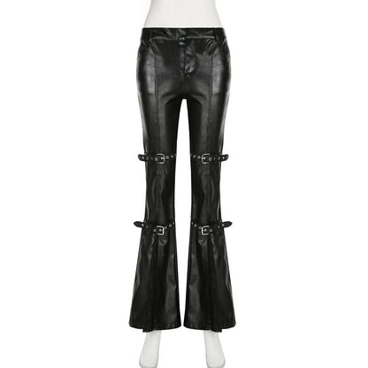 PU leather buckle low rise pant