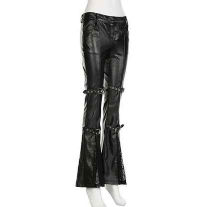 PU leather buckle low rise pant