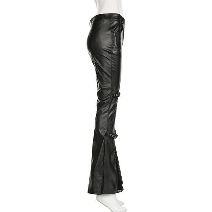 PU leather buckle low rise pant