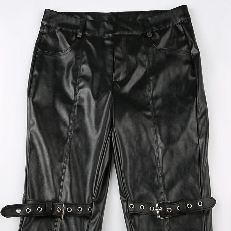 PU leather buckle low rise pant