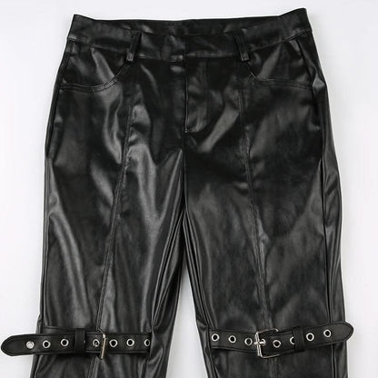PU leather buckle low rise pant