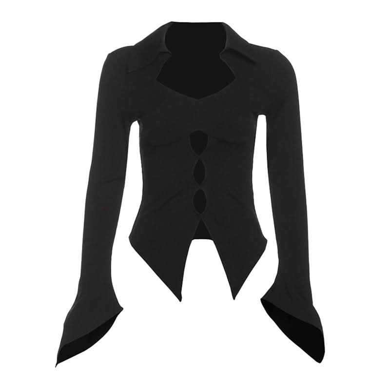 Turnover collar long flared sleeve hollow out cut out top