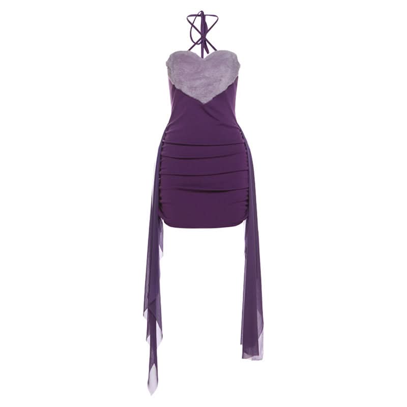 Halter sweetheart pattern fluffy ruched mini dress