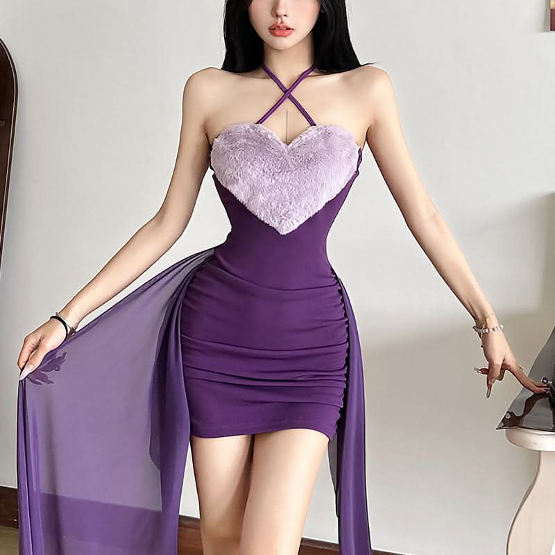 Halter sweetheart pattern fluffy ruched mini dress