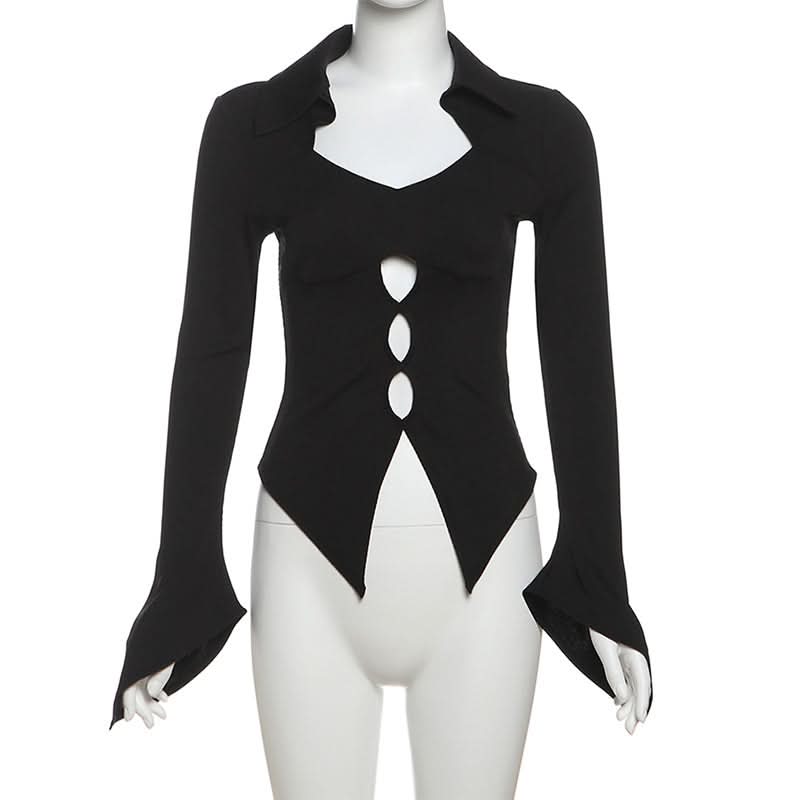 Turnover collar long flared sleeve hollow out cut out top