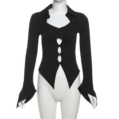 Turnover collar long flared sleeve hollow out cut out top