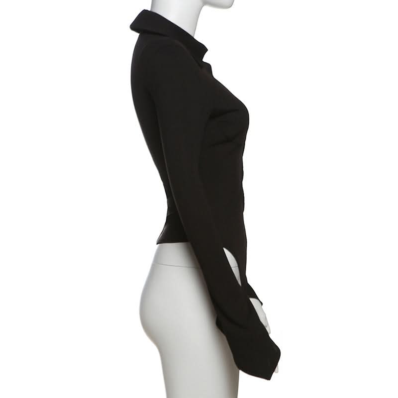 Turnover collar long flared sleeve hollow out cut out top