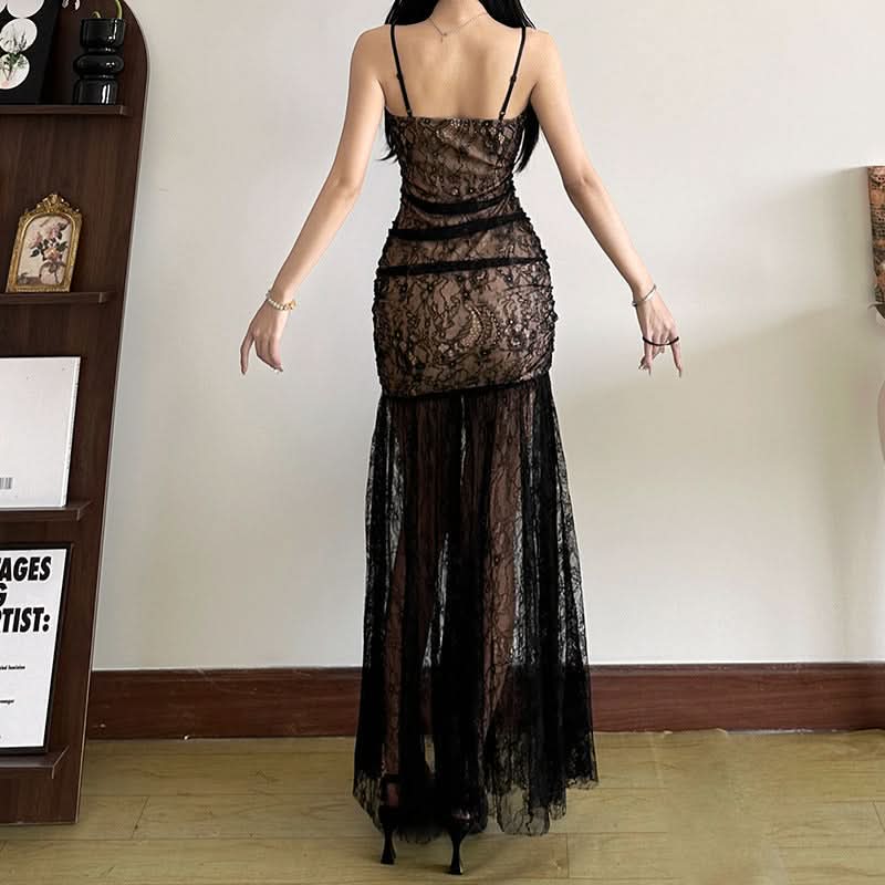 Sweetheart neck slit mesh lace cami maxi dress