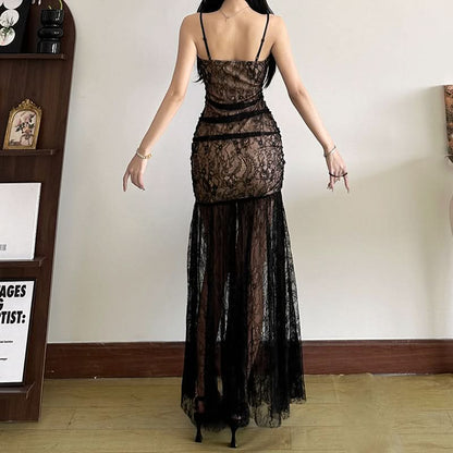 Sweetheart neck slit mesh lace cami maxi dress