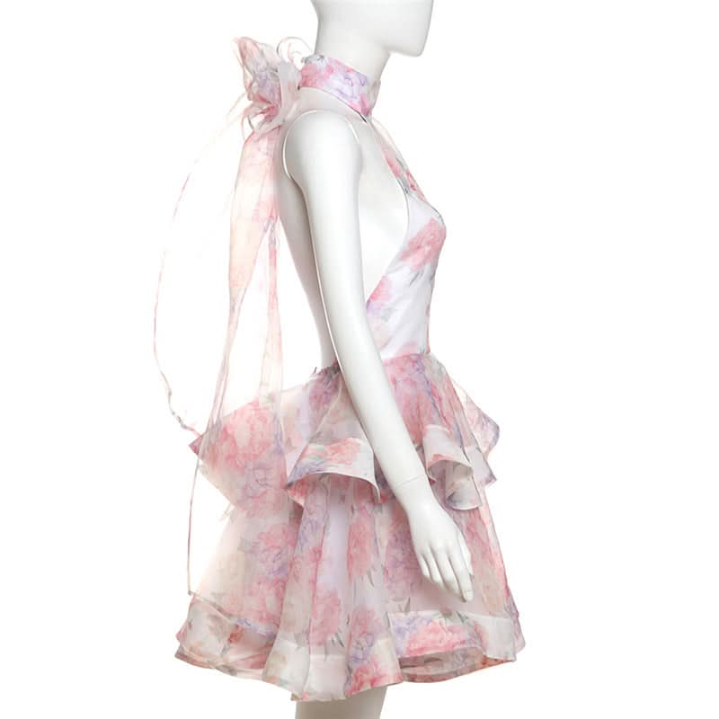 Halter flower print ruffle backless mini dress