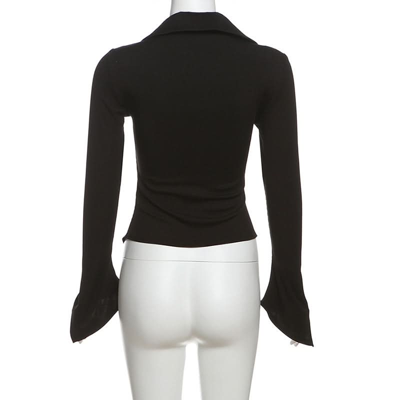 Turnover collar long flared sleeve hollow out cut out top