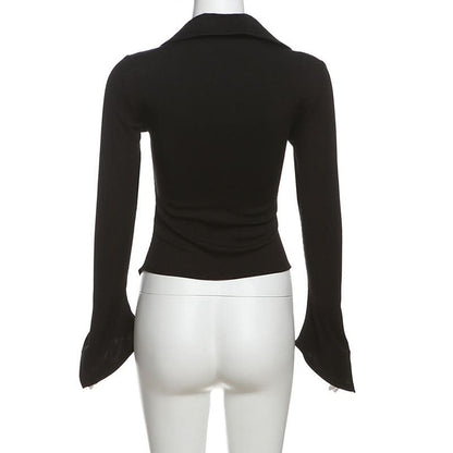 Turnover collar long flared sleeve hollow out cut out top