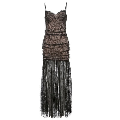 Sweetheart neck slit mesh lace cami maxi dress